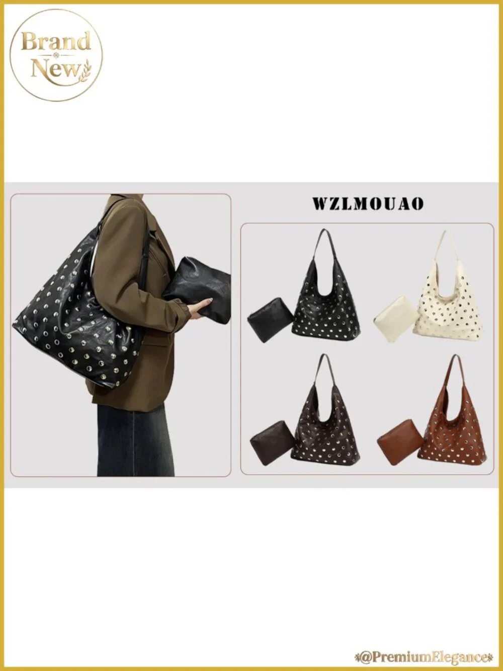 Studded Vegan Leather Hobo Bag Soft Slouchy Tote Shoulder Purse